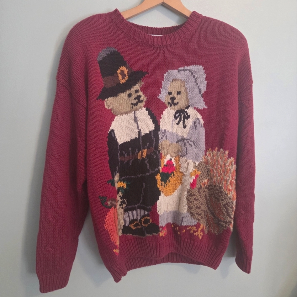 Signatures by Northern Isles Thanksgiving Pilgrim Bear Sweater Handknit sz L Vtg